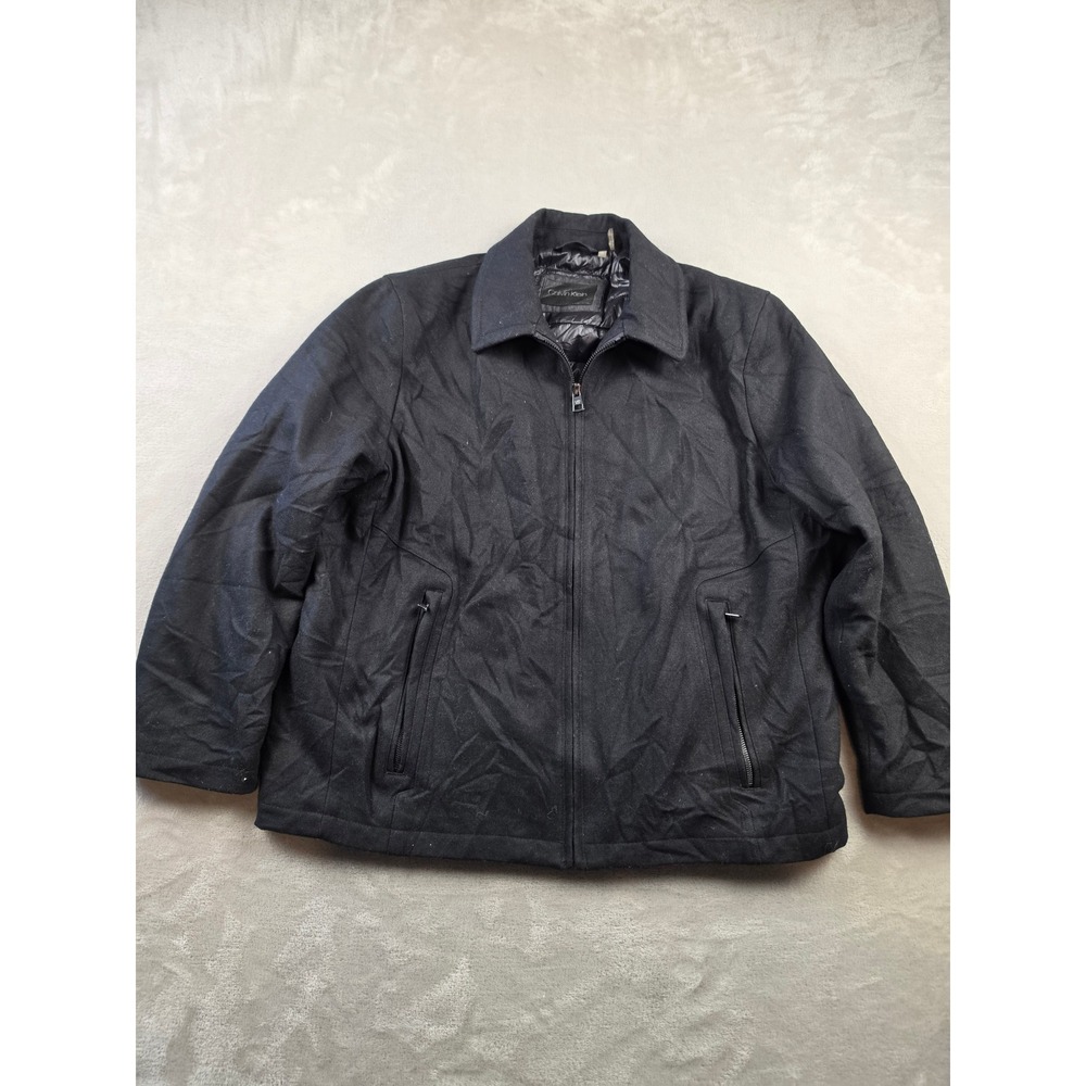 Calvin Klein Wool Blend Jacket Mens XL Black Full Zip Quilted Lined Coat *Read